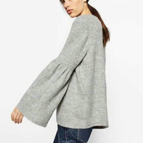 Zara Gray Knit Flute/Bell Sleeve Sweater Sz Small - Picture 2 of 8